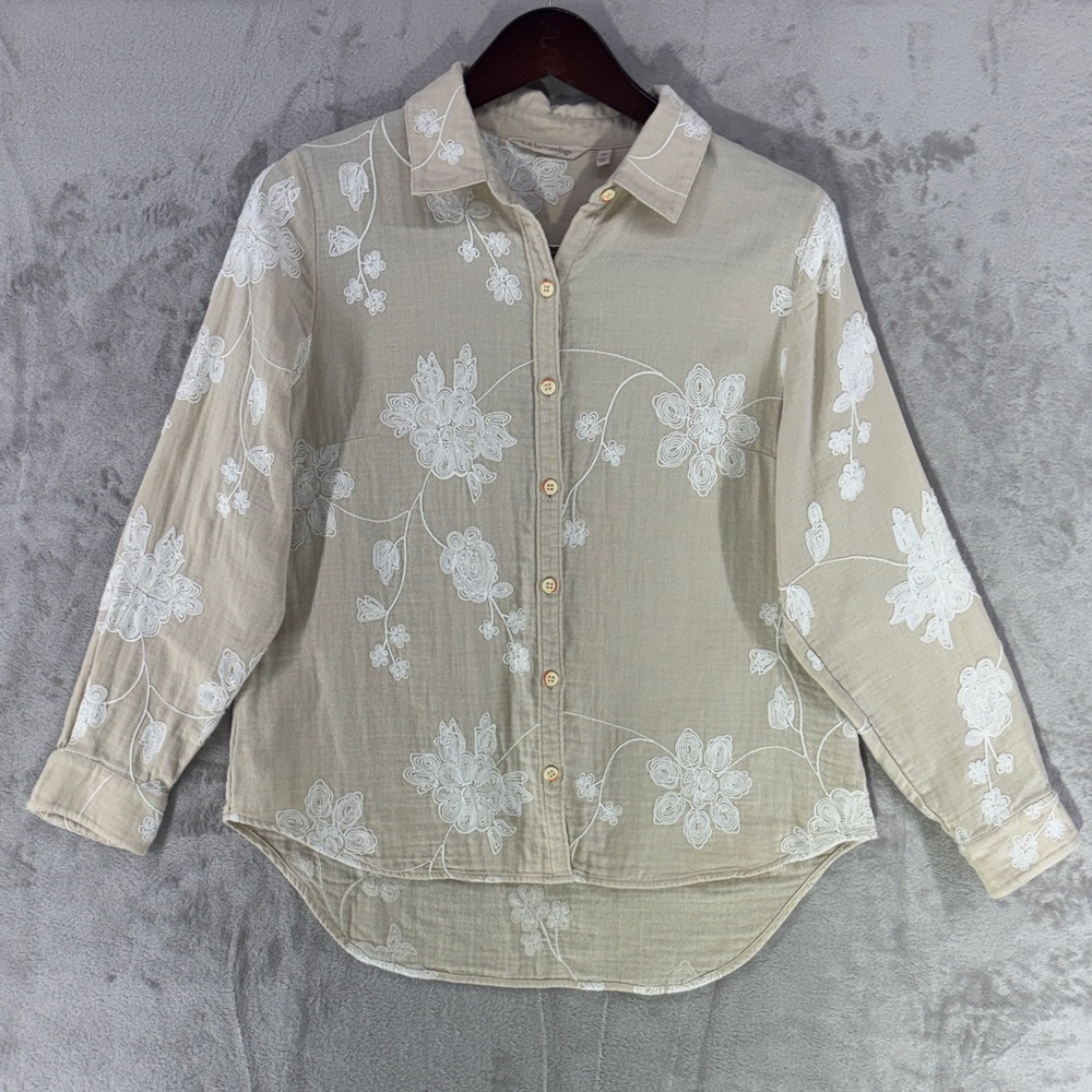 Soft Surroundings Floral Embroidered Cotton Button Down Top Size S